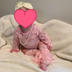 Posh Peanut Pink Lace Bodysuit, Leg Warmers, & Leggings